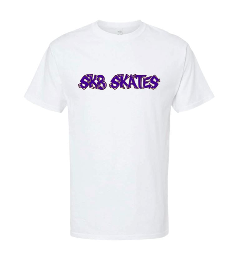 Sk8 Skates Bubbletext T-shirts T-Shirts + Longsleeves Sk8 Skates White w Purple/Green Print Small 